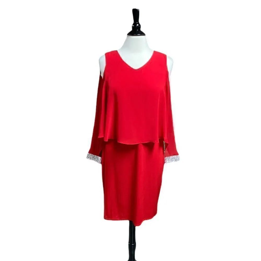 Glamour Nights Red Sheer Cold Shoulder Dress Size 8 NWT